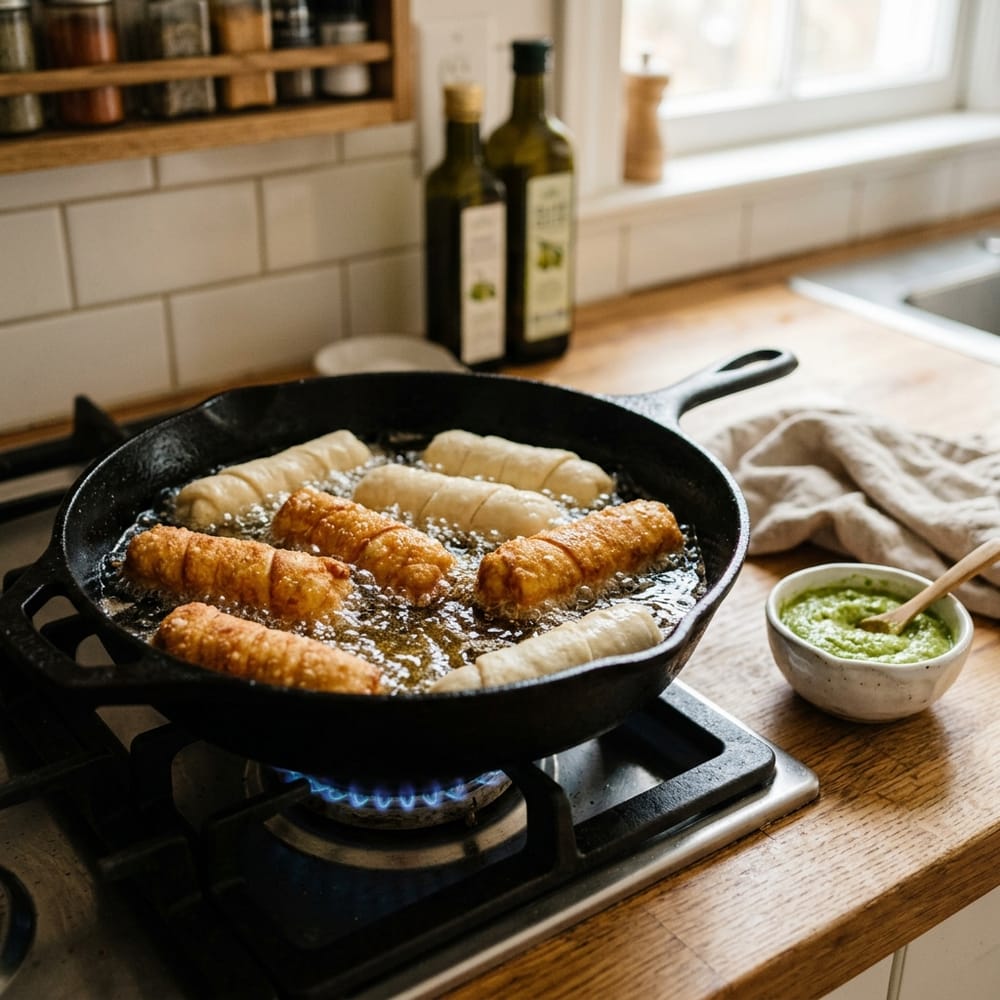 Tequeños friéndose en una sartén con aceite caliente